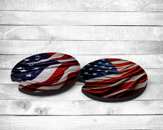 American Flag Absorbent Car Coasters - Set of 2 - Non-Slip Base - Neoprene