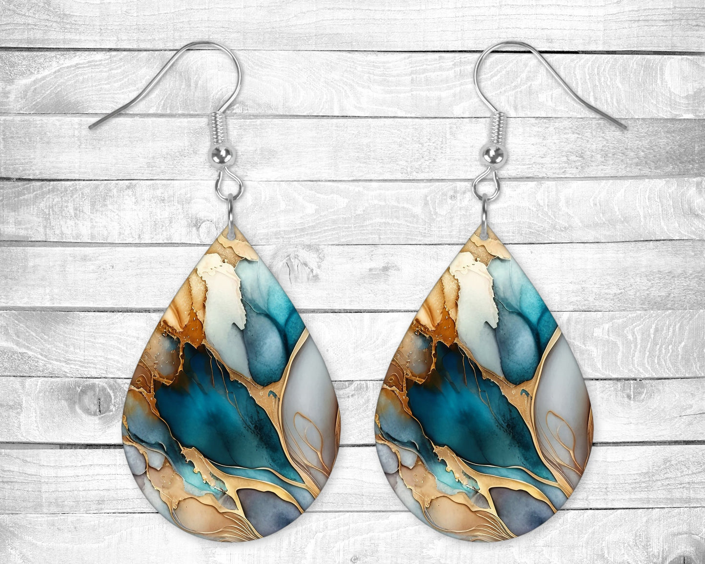 Abstract Teal and Gold Pierced Earrings - Permanent Design - Silver or Gold Hardware