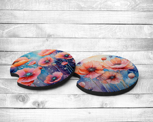 Mystical Poppies Absorbent Car Coasters - Set of 2 - Non-Slip Base - Neoprene