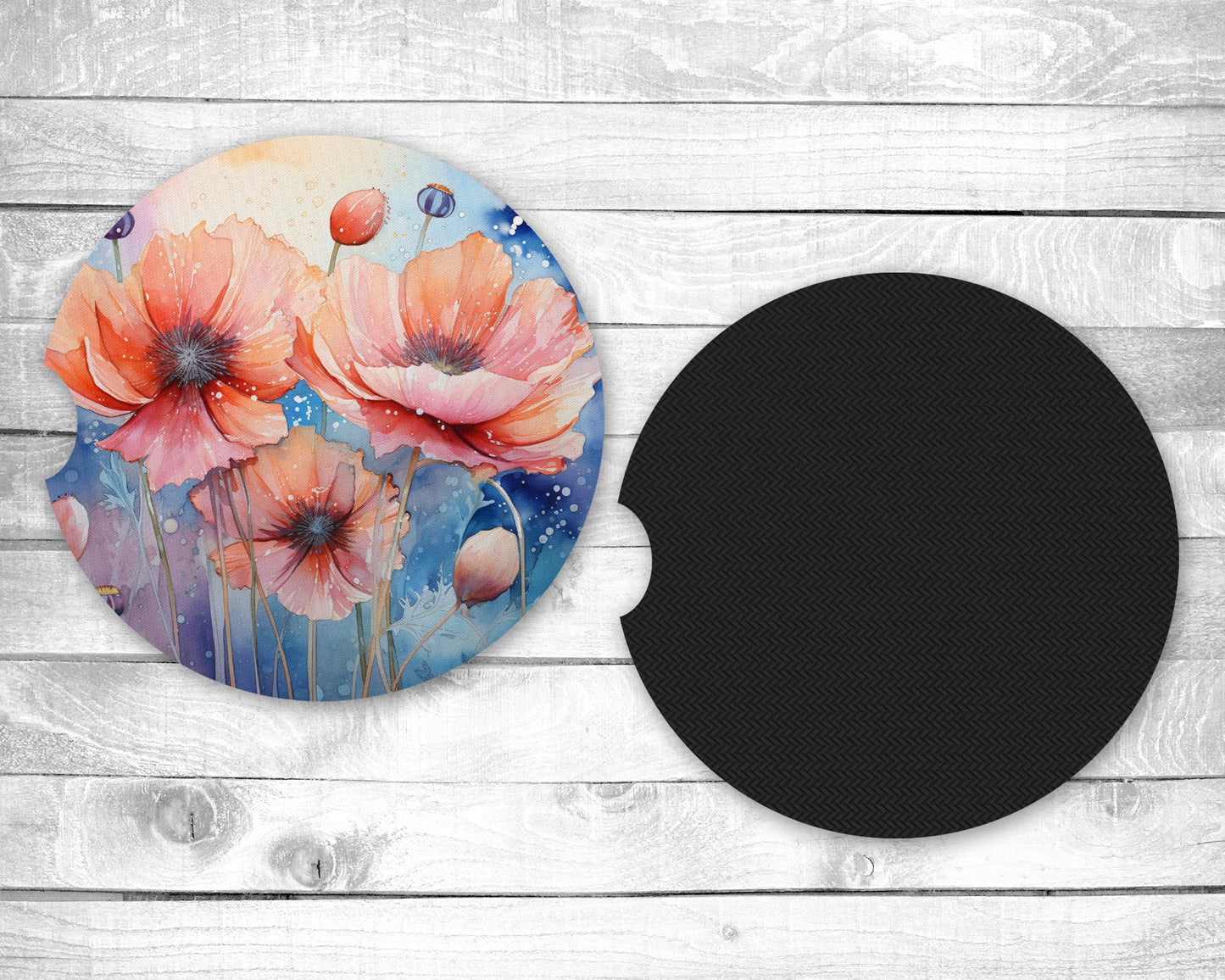Mystical Poppies Absorbent Car Coasters - Set of 2 - Non-Slip Base - Neoprene