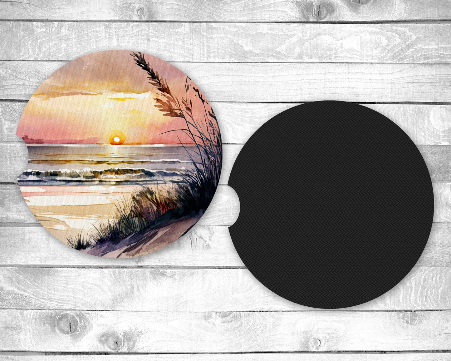 Sunset Beach Absorbent Car Coasters - Set of 2 - Non-Slip Base - Neoprene