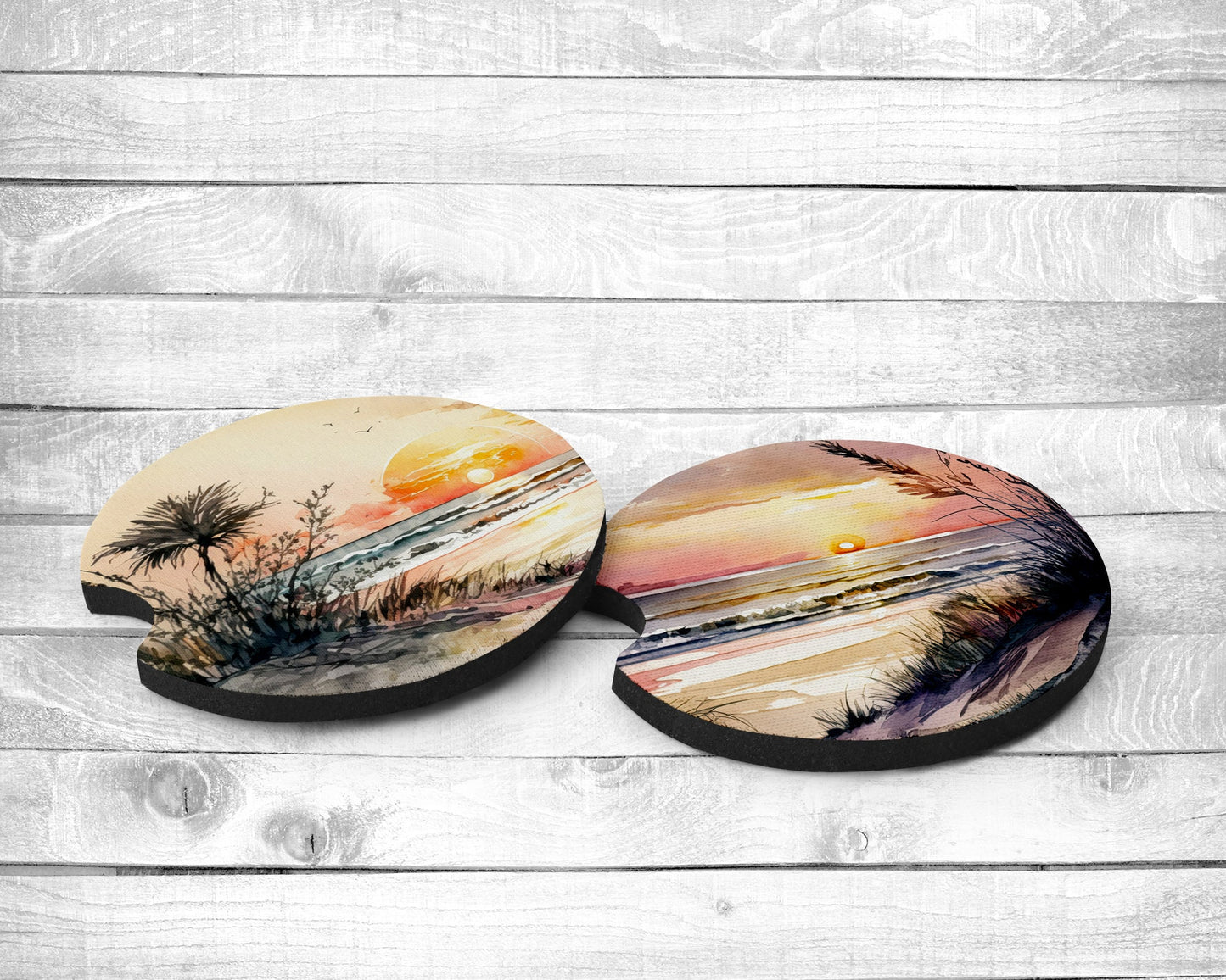 Sunset Beach Absorbent Car Coasters - Set of 2 - Non-Slip Base - Neoprene