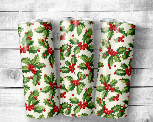 Christmas Holly - 20oz Skinny Straight Tumbler - Stainless Steel - Travel Cup - Gift - Everyday Use