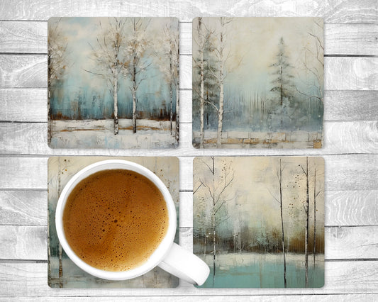 Winter Forest Absorbent Drink Coasters - Individual or set of 4 - Non-Slip Base - Neoprene