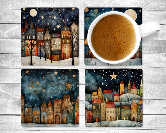 City Sky Absorbent Drink Coasters - Individual or set of 4 - Non-Slip Base - Neoprene