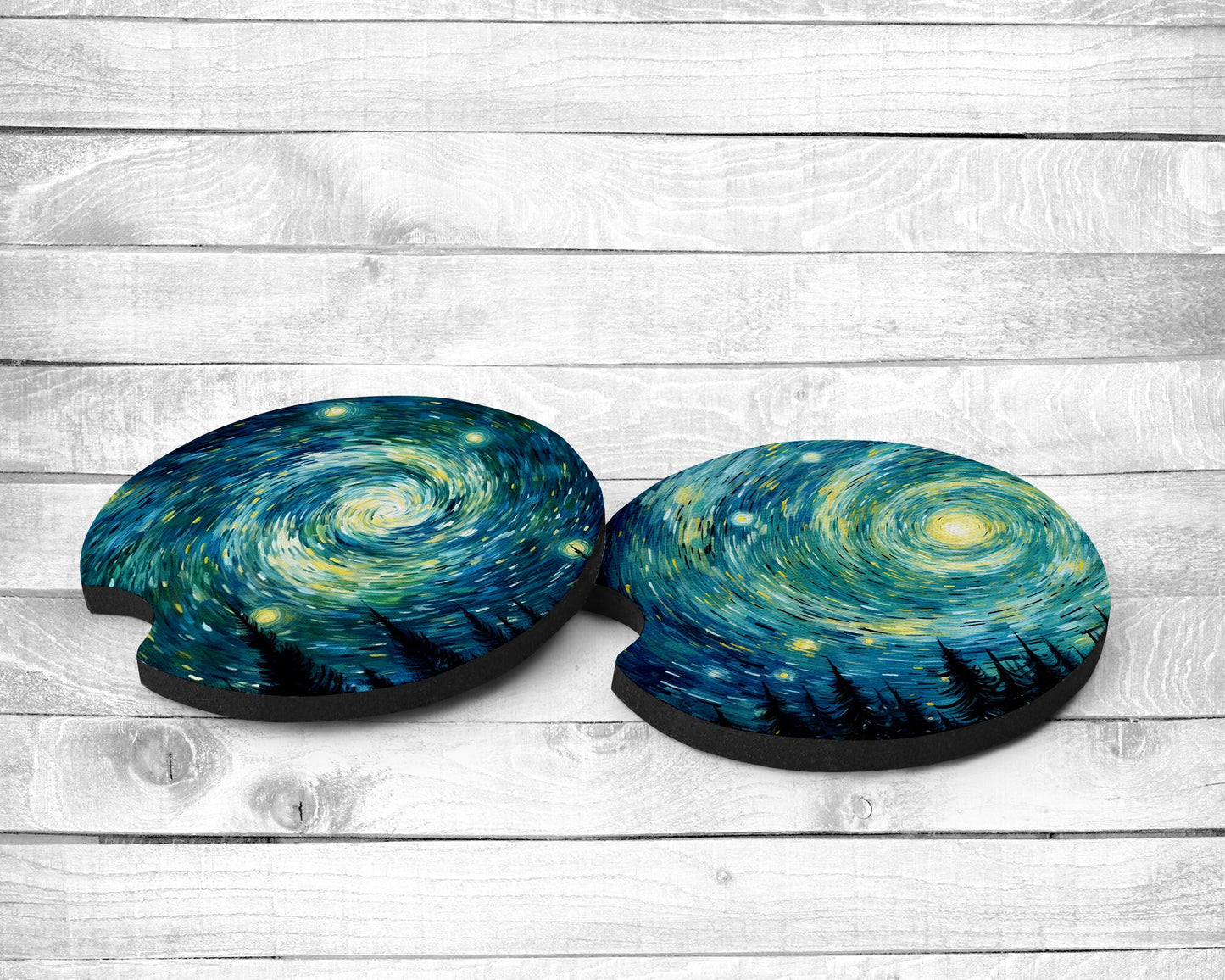 Starry Night Absorbent Car Coasters - Set of 2 - Non-Slip Base - Neoprene