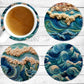 Embroidered Style Waves Absorbent Drink Coasters - Individual or set of 4 - Non-Slip Base - Neoprene