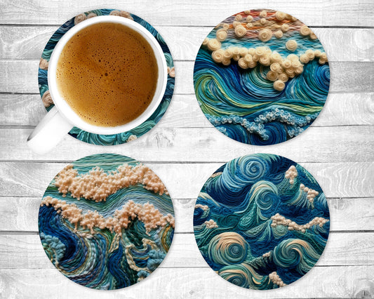 Embroidered Style Waves Absorbent Drink Coasters - Individual or set of 4 - Non-Slip Base - Neoprene
