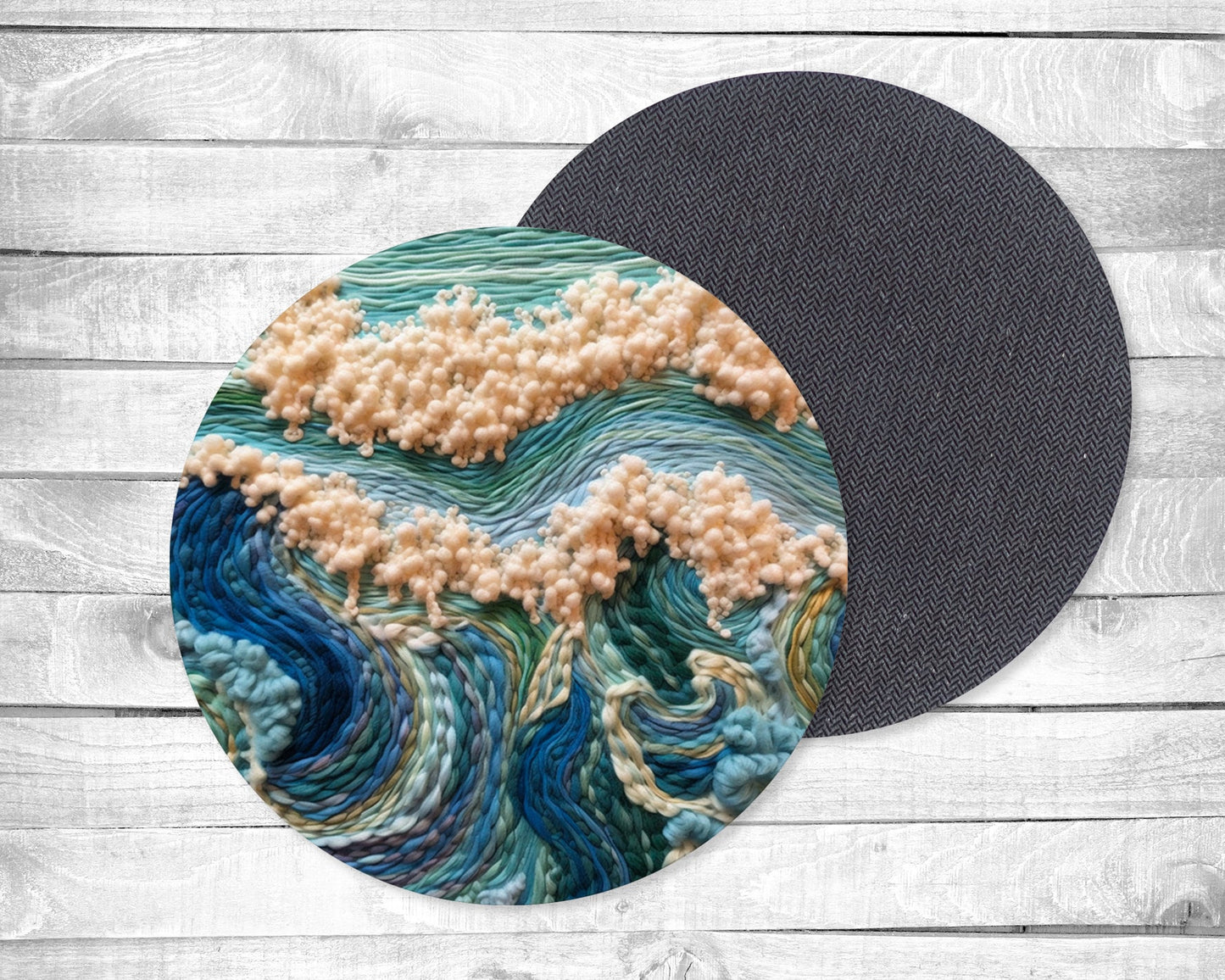 Embroidered Style Waves Absorbent Drink Coasters - Individual or set of 4 - Non-Slip Base - Neoprene