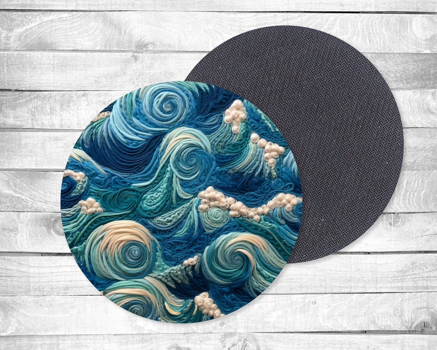 Embroidered Style Waves Absorbent Drink Coasters - Individual or set of 4 - Non-Slip Base - Neoprene