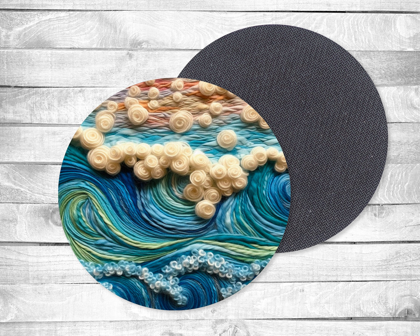 Embroidered Style Waves Absorbent Drink Coasters - Individual or set of 4 - Non-Slip Base - Neoprene