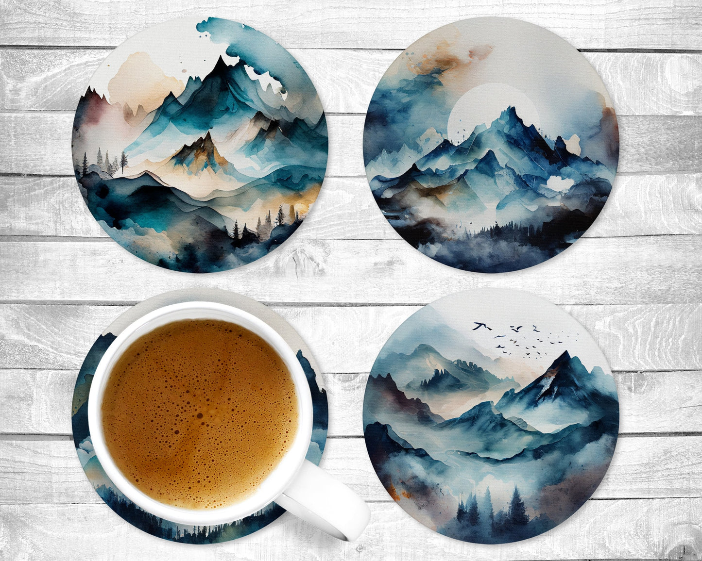 Blue Mountains 2 Absorbent Drink Coasters - Individual or set of 4 - Non-Slip Base - Neoprene