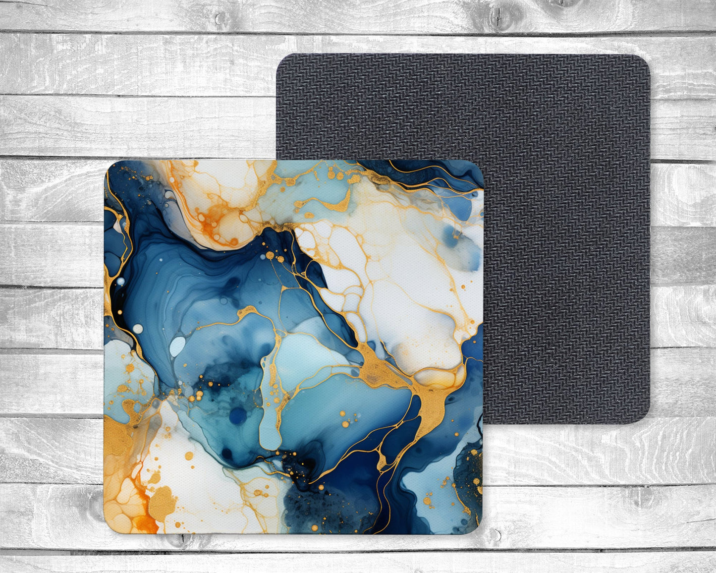 Abstract Blue and Gold Absorbent Drink Coasters - Individual or set of 4 - Non-Slip Base - Neoprene
