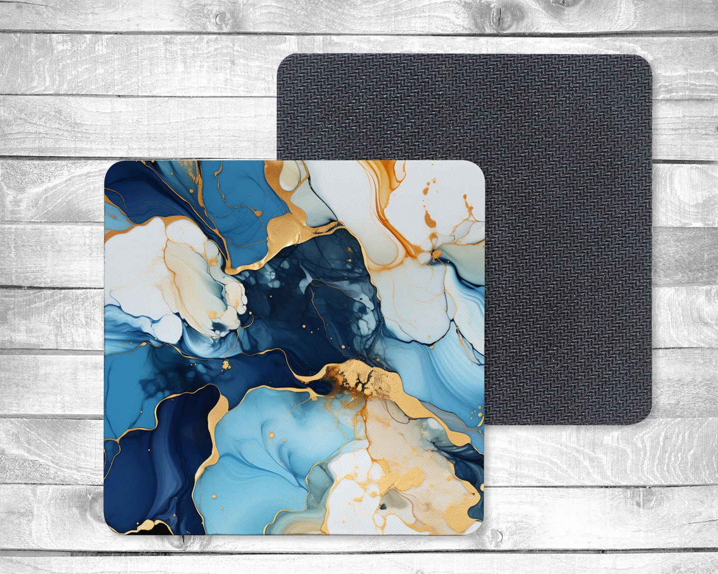 Abstract Blue and Gold Absorbent Drink Coasters - Individual or set of 4 - Non-Slip Base - Neoprene