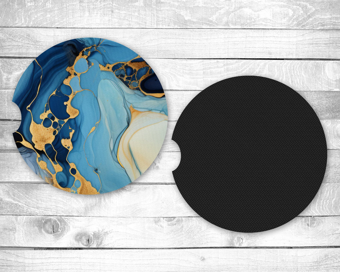 Blue and Gold Absorbent Car Coasters - Set of 2 - Non-Slip Base - Neoprene