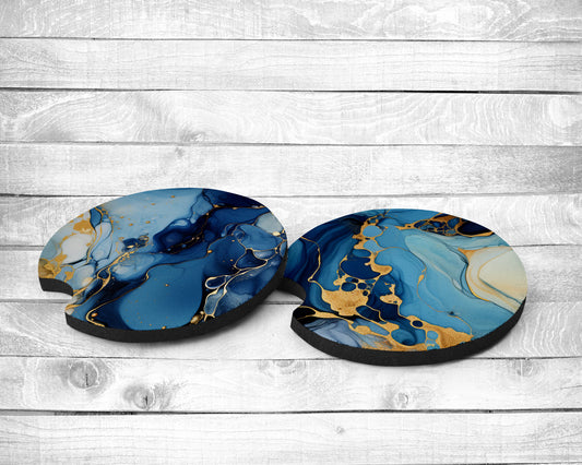 Blue and Gold Absorbent Car Coasters - Set of 2 - Non-Slip Base - Neoprene
