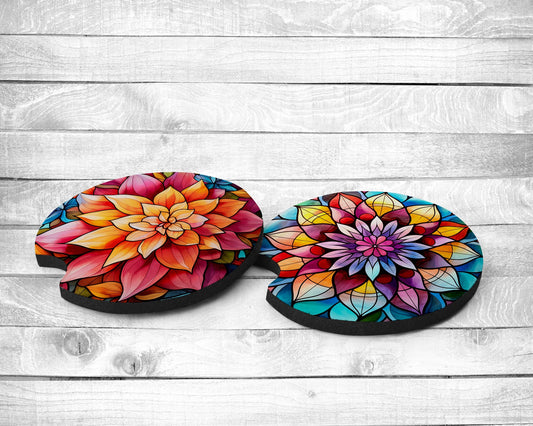 Mandela Flowers Absorbent Car Coasters - Set of 2 - Non-Slip Base - Neoprene