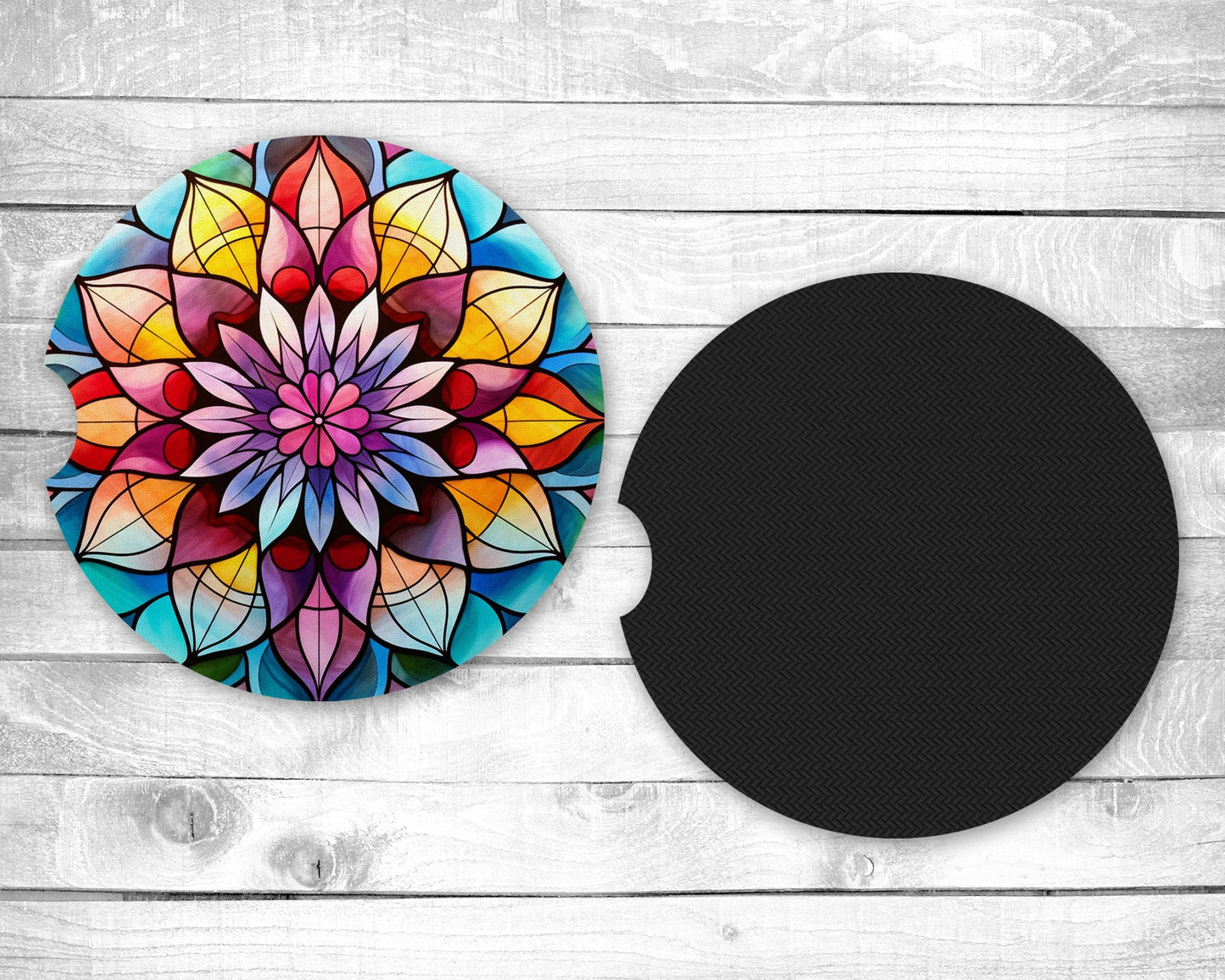 Mandela Flowers Absorbent Car Coasters - Set of 2 - Non-Slip Base - Neoprene