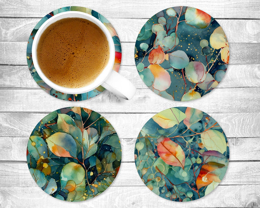 Eucalyptus Absorbent Drink Coasters - Individual or set of 4 - Non-Slip Base - Neoprene