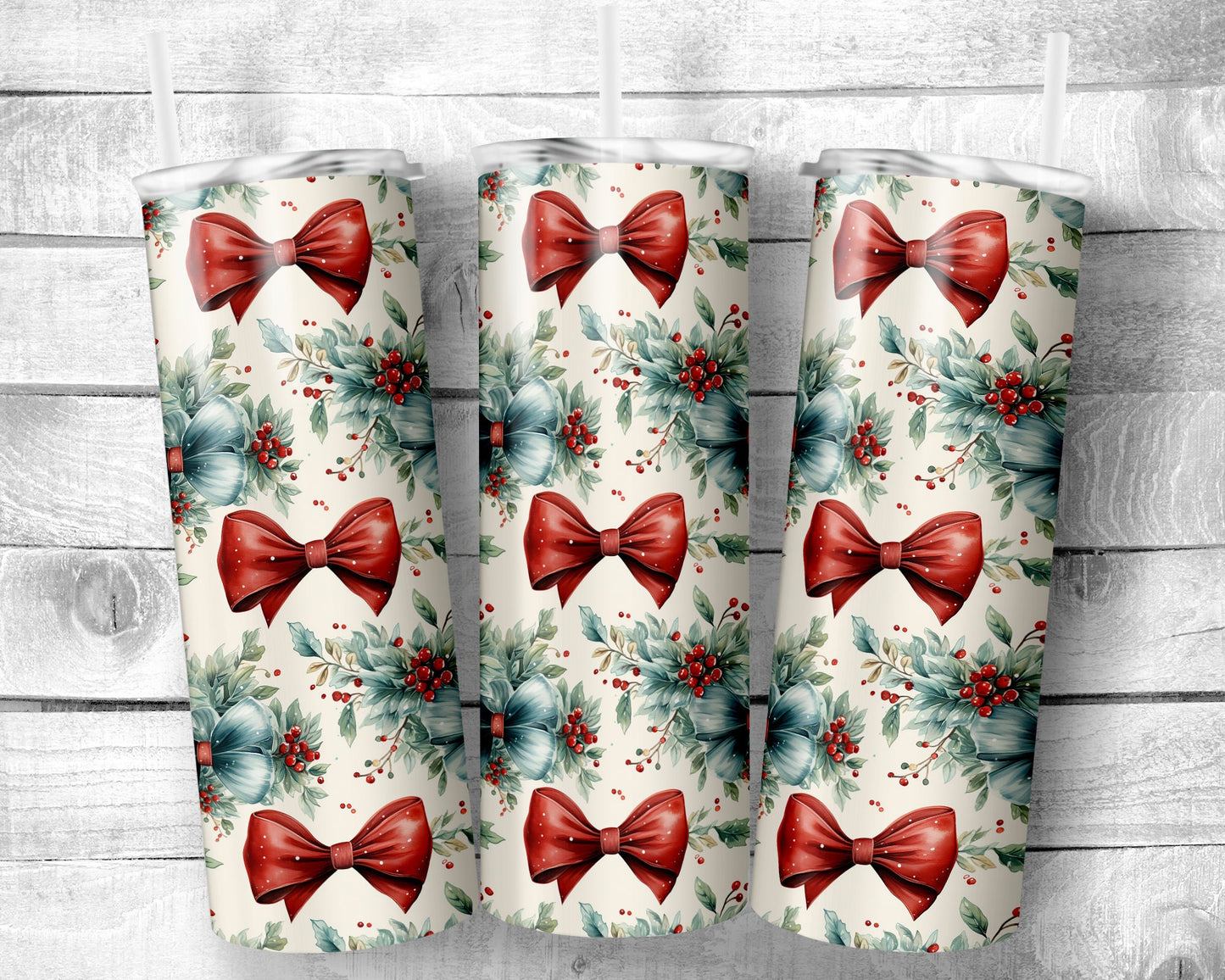 Christmas Bows - 20oz Skinny Straight Tumbler - Stainless Steel - Travel Cup - Gift - Everyday Use
