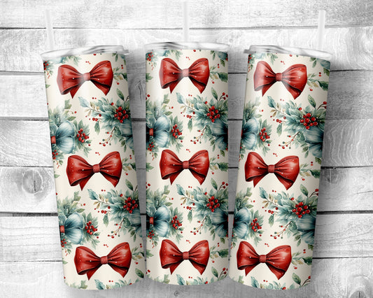Christmas Bows - 20oz Skinny Straight Tumbler - Stainless Steel - Travel Cup - Gift - Everyday Use