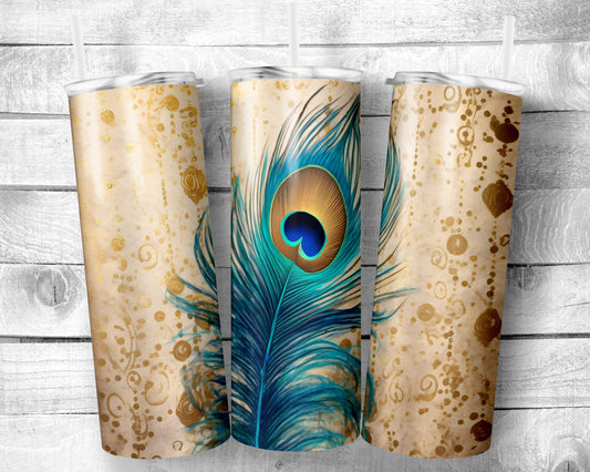 Blue Peacock Feather 20oz Skinny Straight Tumbler - Stainless Steel - Travel Cup - Gift - Everyday Use