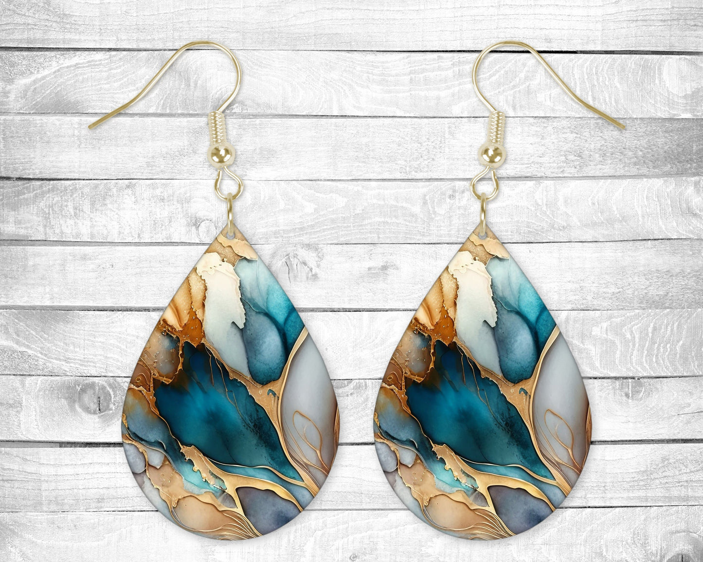 Abstract Teal and Gold Pierced Earrings - Permanent Design - Silver or Gold Hardware