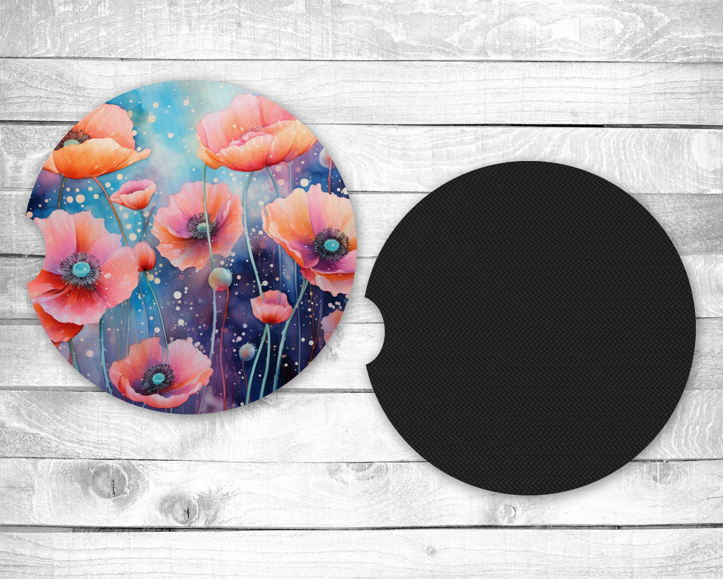 Mystical Poppies Absorbent Car Coasters - Set of 2 - Non-Slip Base - Neoprene