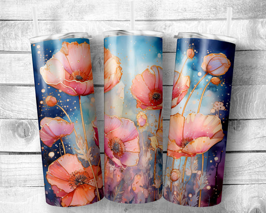 Gold Lined Poppies 20oz Skinny Straight Tumbler - Stainless Steel - Travel Cup - Gift - Everyday Use